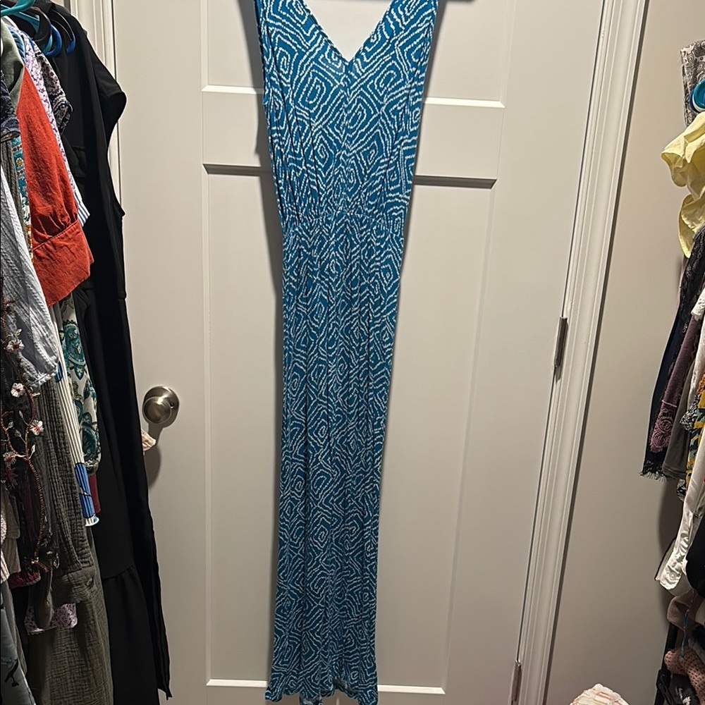 Blue Patterned V-Neck Maxi Dress